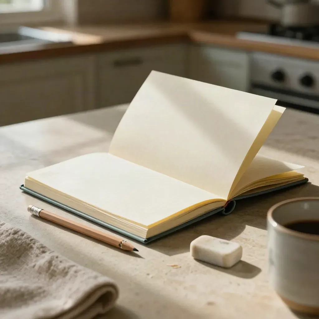 Notebook page turning on a kitchen counter with pencil, eraser, and folded study card in soft morning light