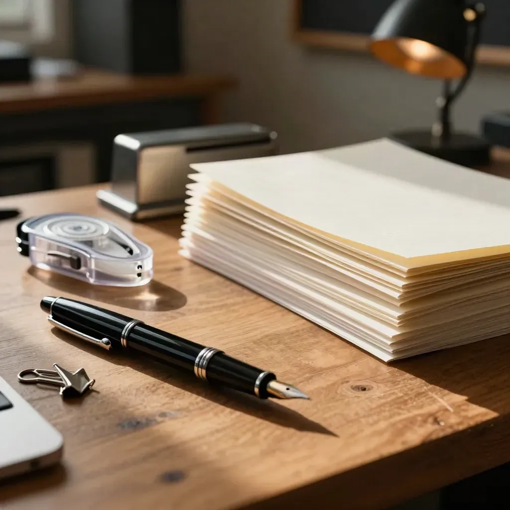 Editing desk with pen, correction tape, clips, paperweight and pages in warm afternoon light.