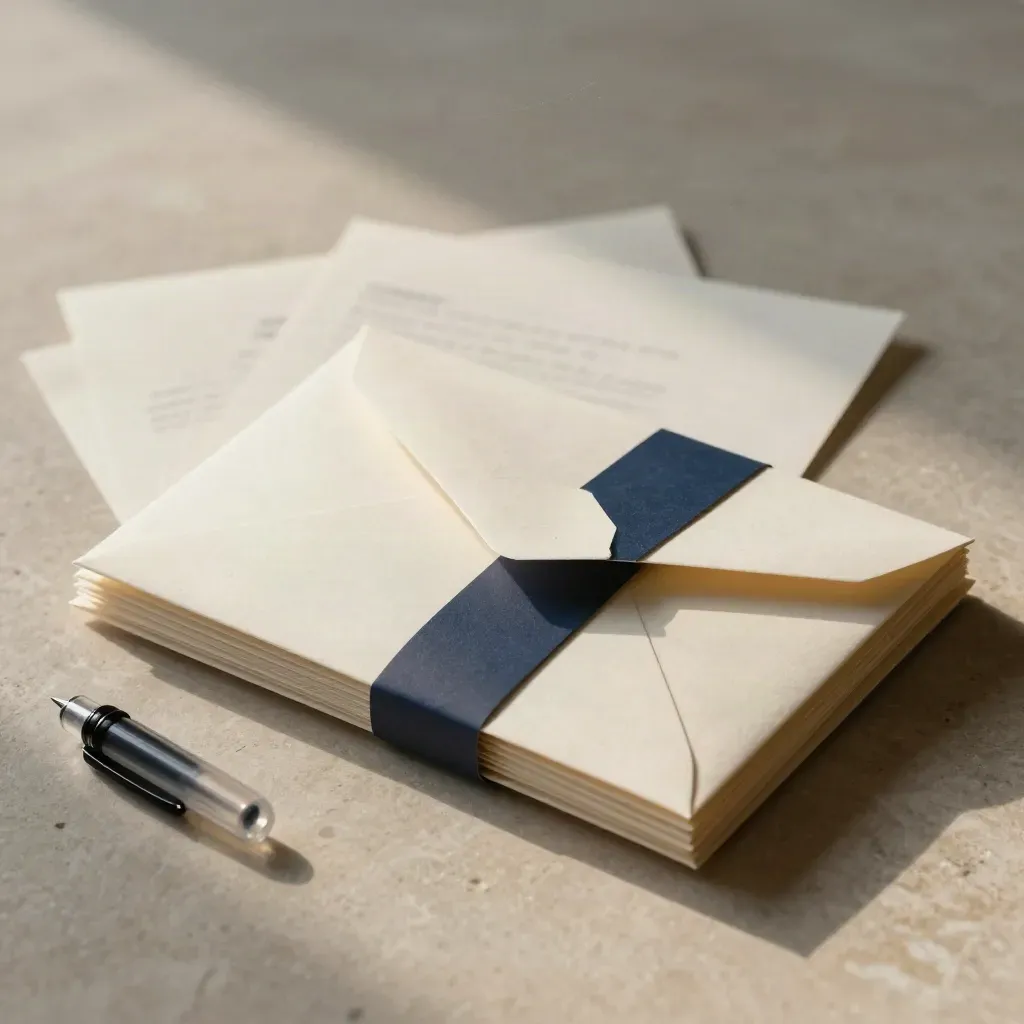 Final packet, envelope and draft pages on pale stone, shot diagonally in soft evening light.