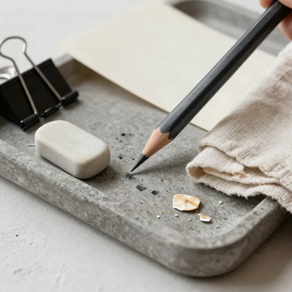 Graphite pencil, eraser, binder clip, and linen cloth in a stone tray with paper dust