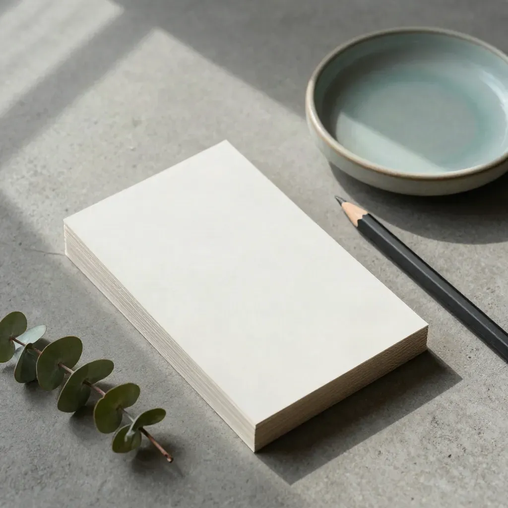 Overhead flatlay of index cards, pencil, ceramic dish and sprig on concrete with teal accent.