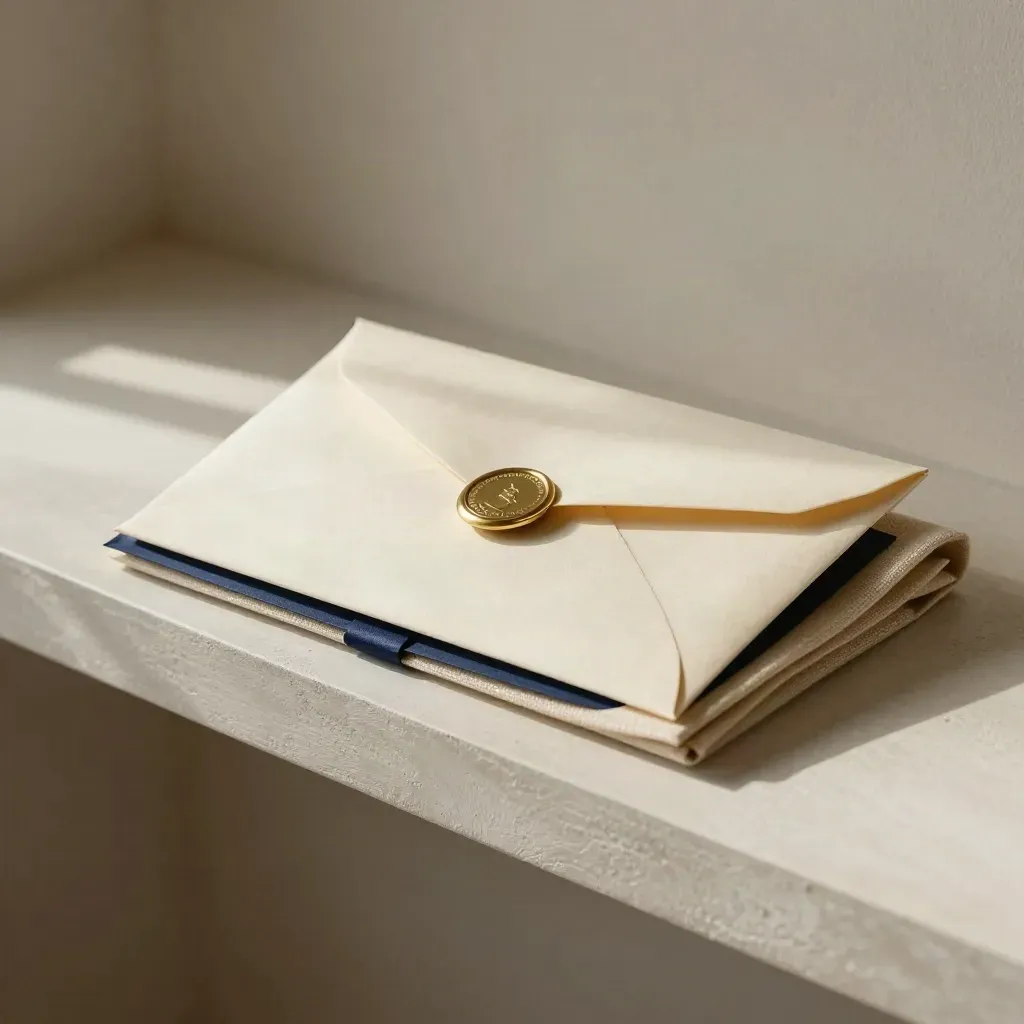 Sealed client brief envelope, brass clip, and folded linen cloth on a plaster shelf in soft window light.