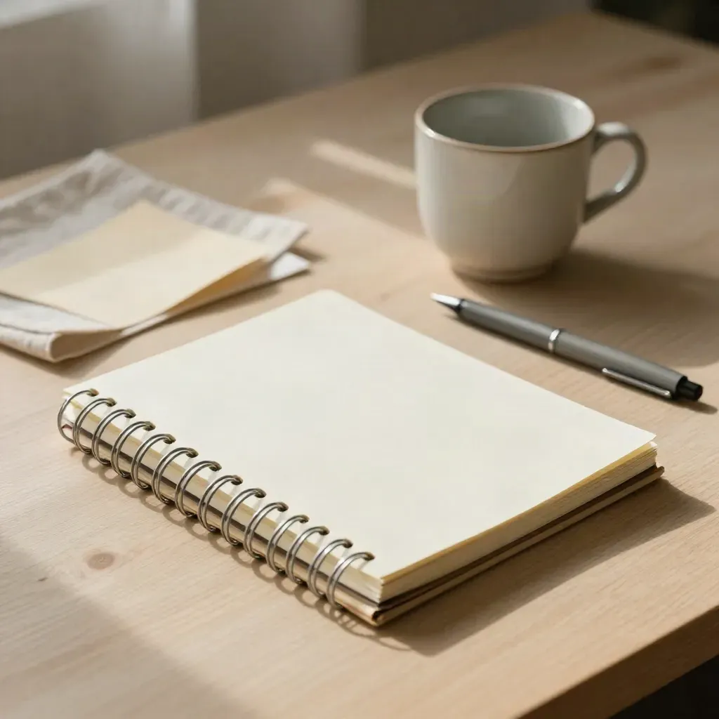 Open spiral notebook with tabs, cup and pen on a pale wood desk in soft daylight