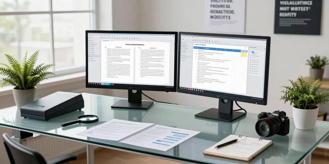 Data analyst engaged in document fraud detection analysis with dual monitors showcasing fraudulent patterns, enhancing security protocols.