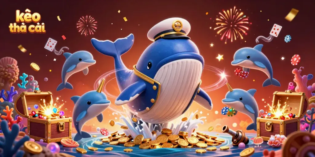 Experience kèo nhà cái with a massive cartoon whale in a sea of coins, dolphins, and vibrant poker chips.
