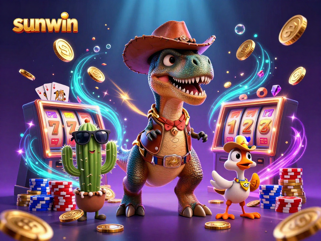 Experience excitement at sunwin with a 3D cartoon T-Rex cowboy amidst vibrant casino games.