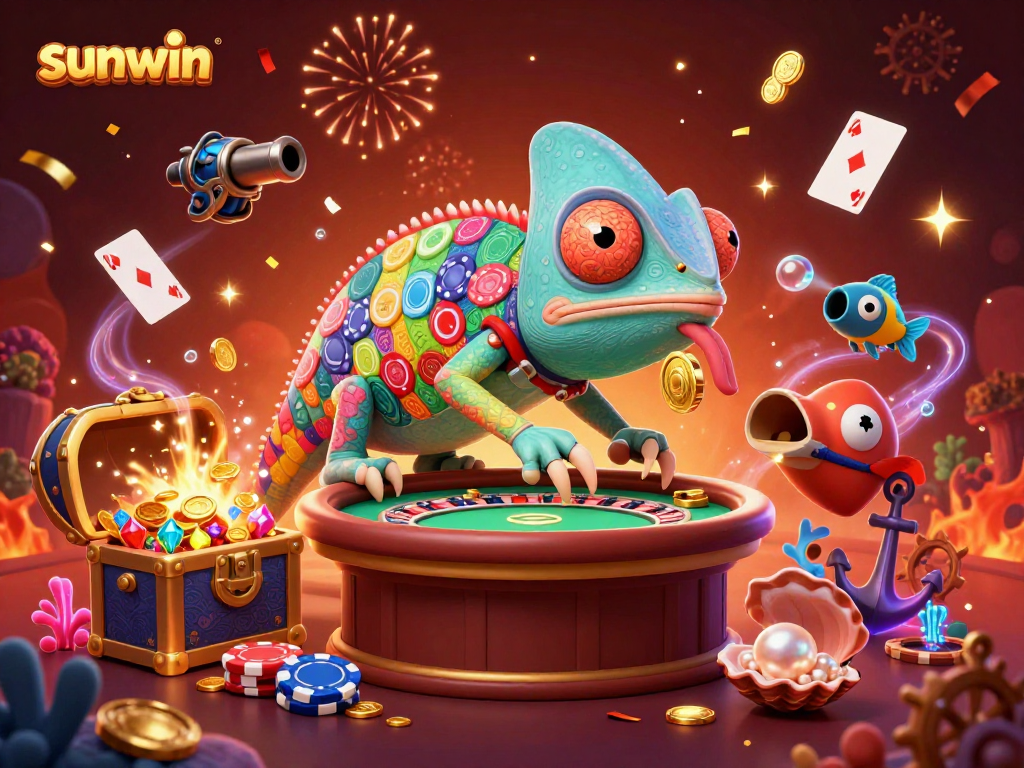 Experience the thrill of sunwin with vibrant 3D casino chameleon and treasures in action.