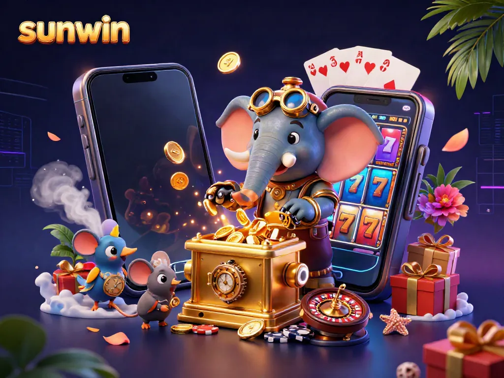 Experience the excitement of sunwin slots with a steampunk-themed 3D illustration featuring a colorful slot machine.
