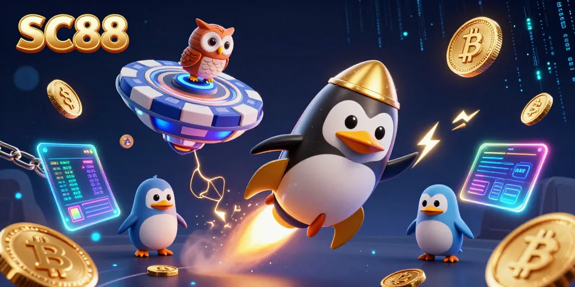 Experience the thrill of SC88 in a vibrant casino-inspired space scene with a golden penguin.