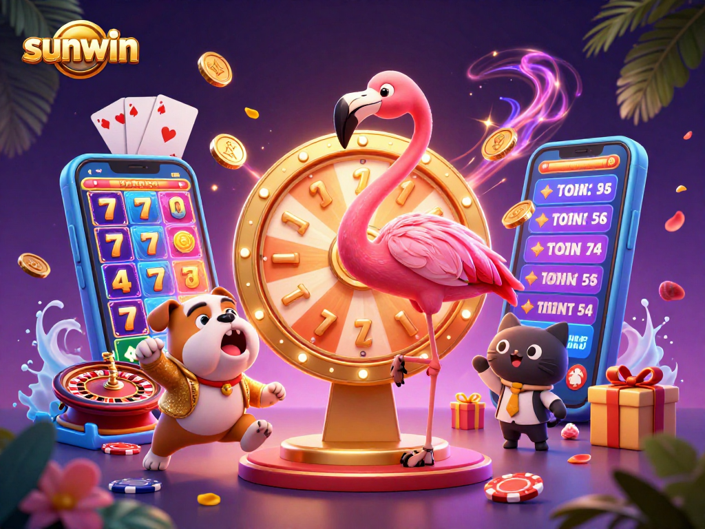 sunwin brings excitement as a flamingo spins a prize wheel amidst vibrant casino elements.