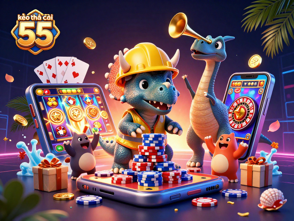 Engage with kèo nhà cái 55 through a vibrant illustration of casino-themed excitement and celebration.