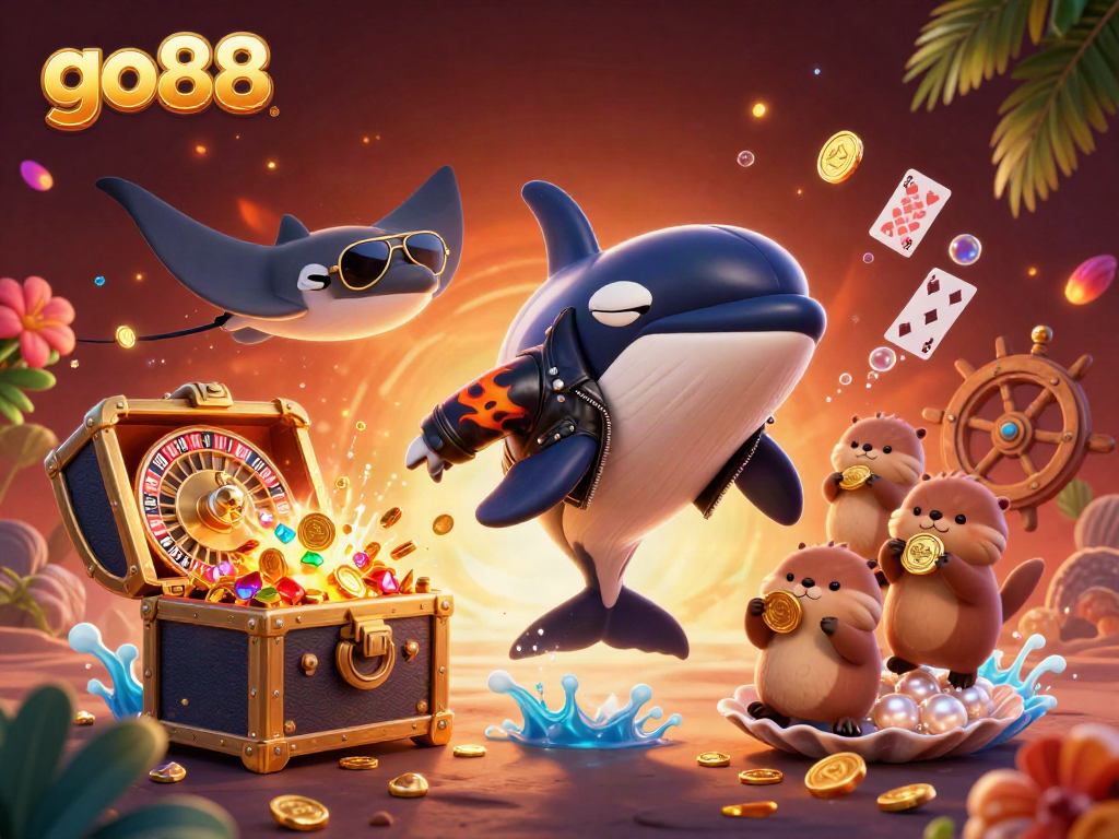 Engage in thrilling gameplay at go88 with a vibrant 3D illustration featuring an orca, stingray, and otters.
