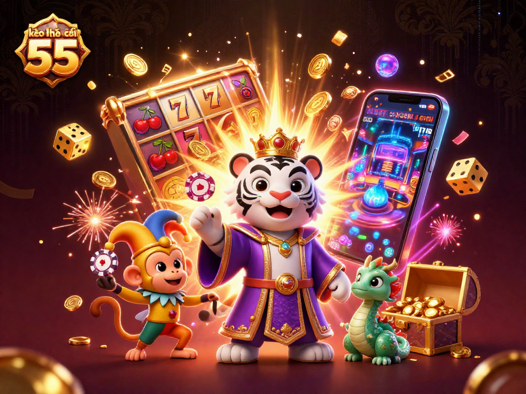Engage with kèo nhà cái 55 in a vibrant 3D casino scene featuring a royal tiger and playful monkey.