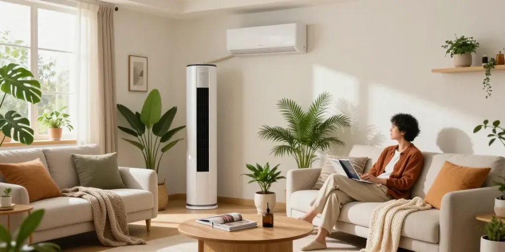 A family enjoying the comfort provided by a 2400 btu mini split air conditioner in a beautifully decorated living room.