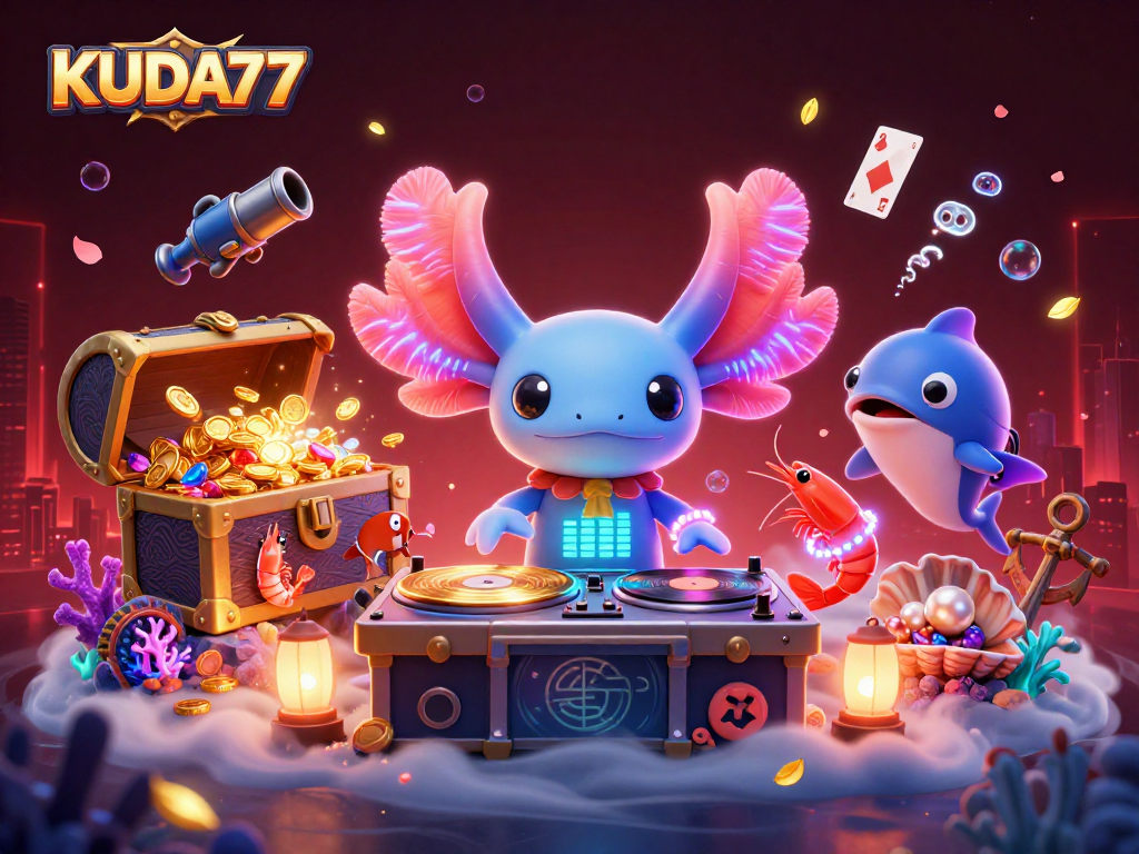 Menangkan peluang di KUDA77 dengan ilustrasi kasino bawah laut yang penuh warna dan energi.