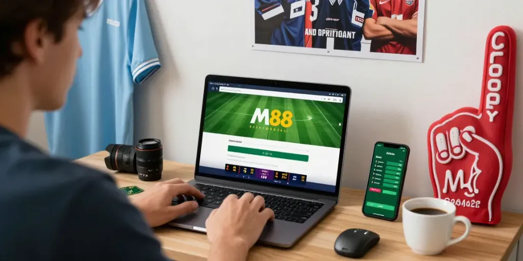 Engaging login situs m88 scene with a player at a laptop, showcasing an exciting online sports betting experience.