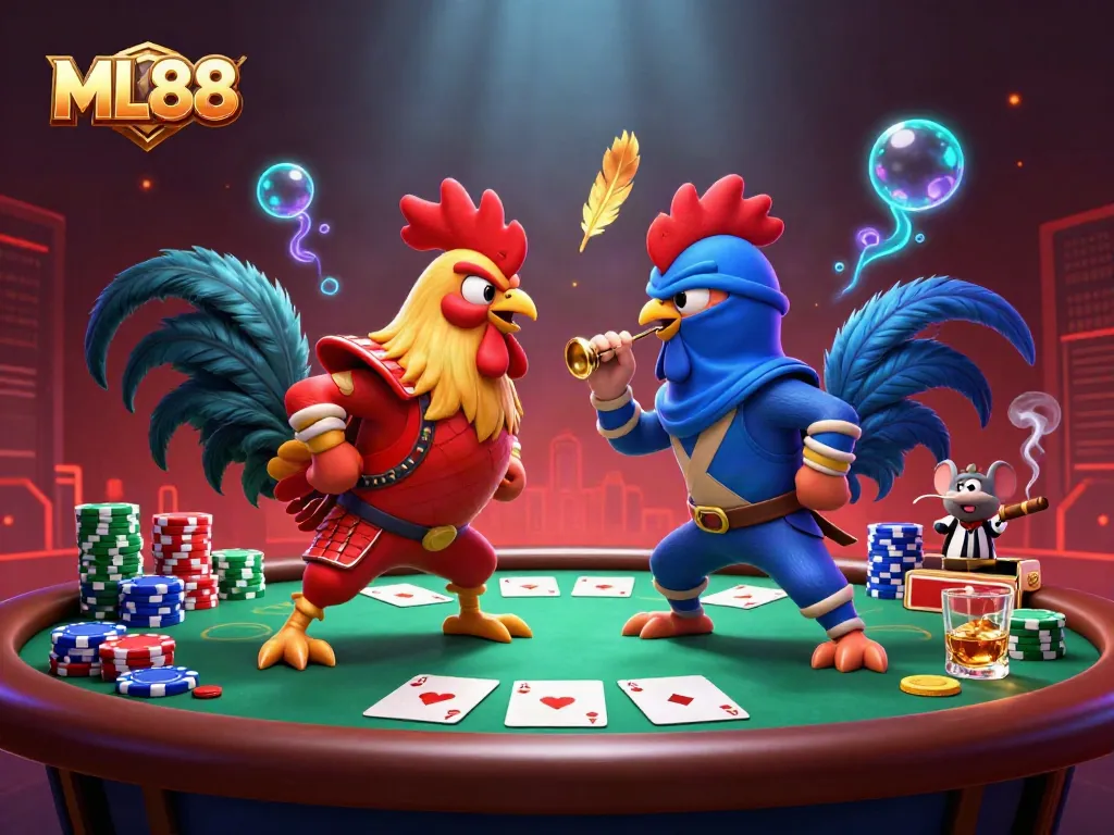 Experience the thrill of ML88 with dual samurai and ninja roosters amid a poker showdown, showcasing vibrant casino elements.
