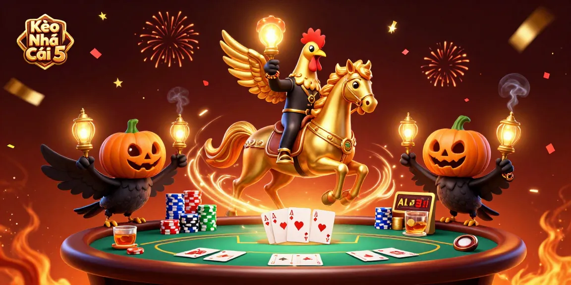 Kèo Nhà Cái 5 brings excitement to the casino world with a golden rooster and spectral horse, vibrant poker elements, and festive confetti.
