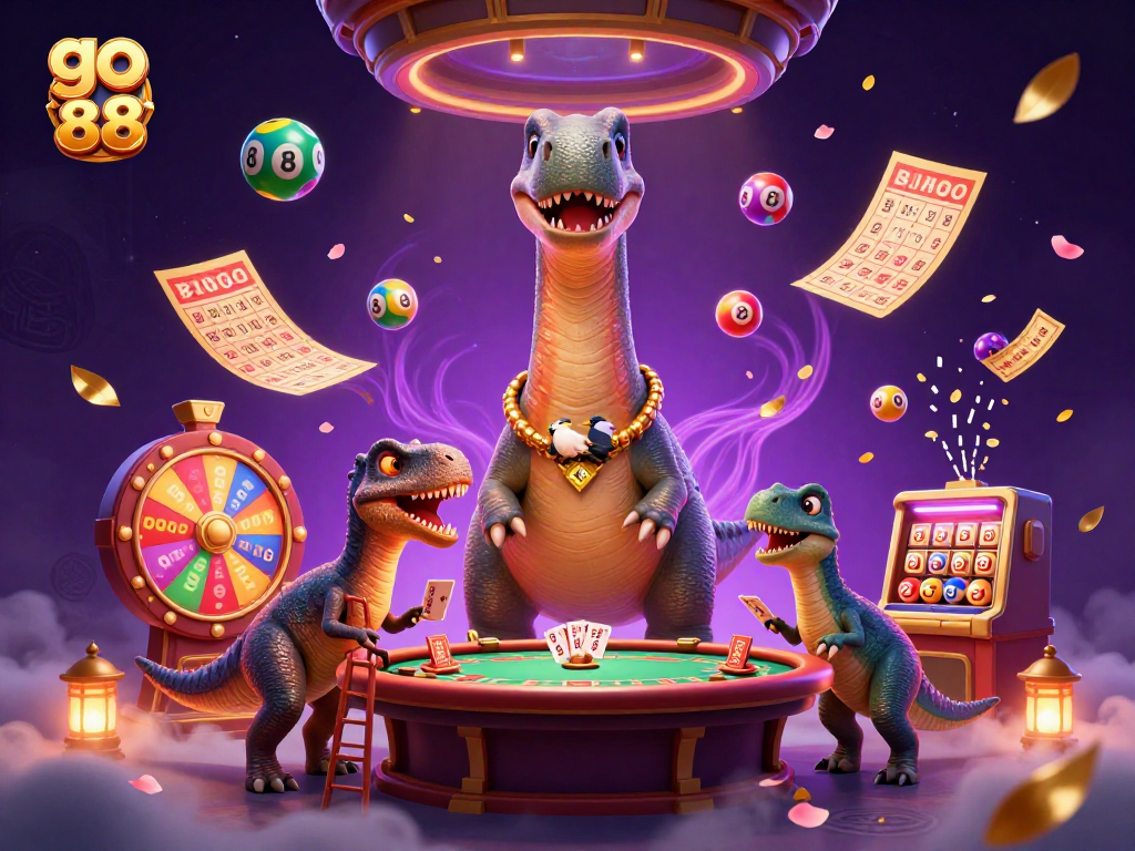 Engage in thrilling games with go 88 as a colorful brontosaurus oversees an exciting casino scene.