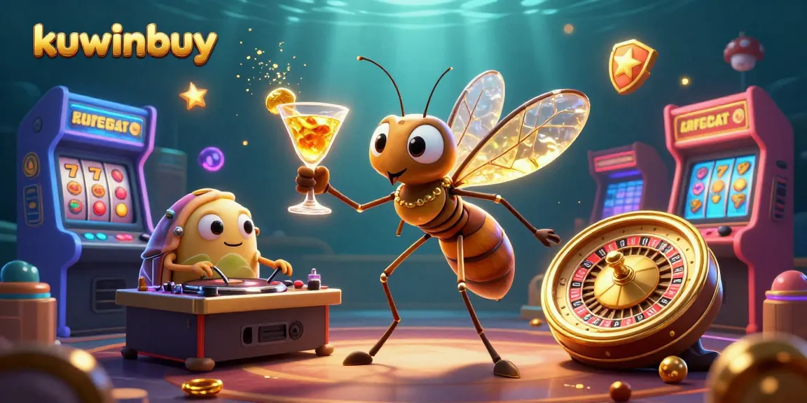 Kuwinbuy's vibrant casino scene featuring a frozen mosquito mascot, trilobite DJ, and roulette wheel.
