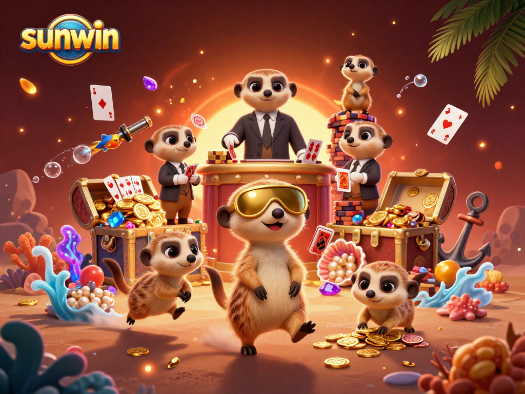 Experience the vibrant sunwin casino adventure with meerkats amidst golden treasures and oceanic charm.