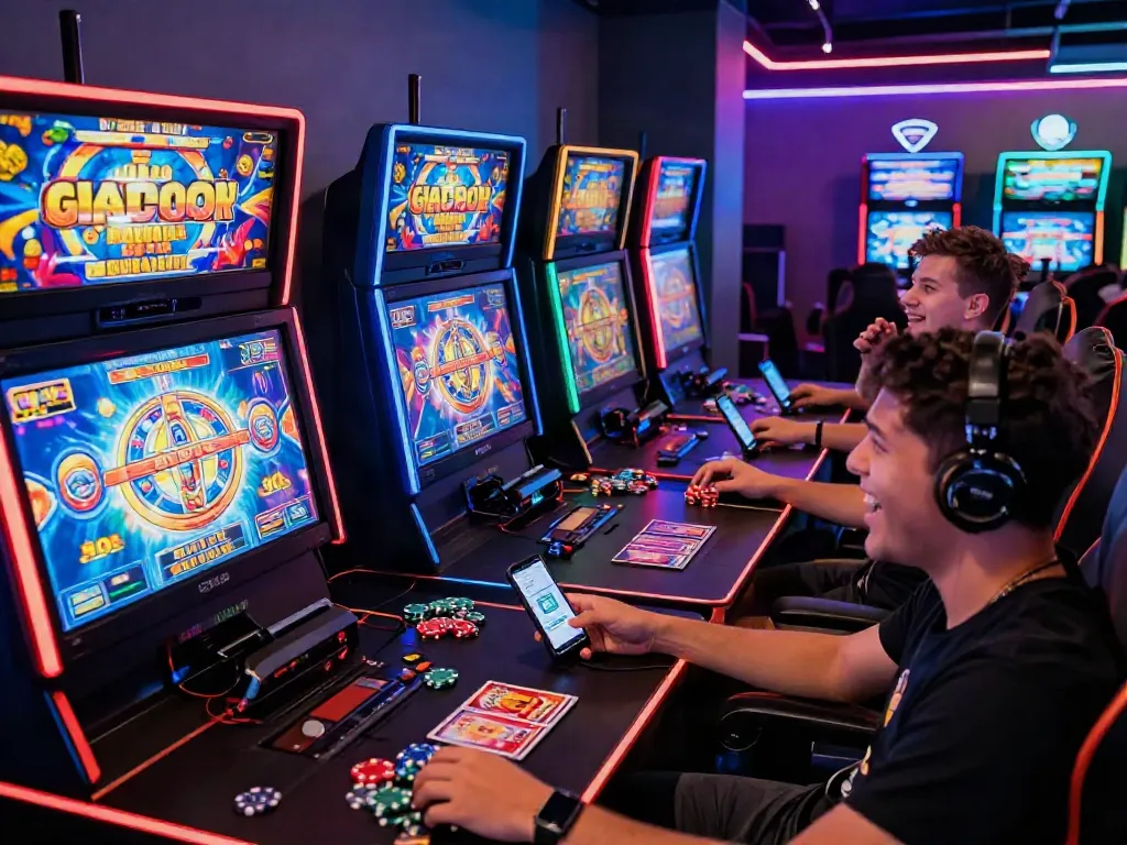Players enjoying vibrant slot gacor games in a lively online gaming environment with colorful screens and engaging graphics.