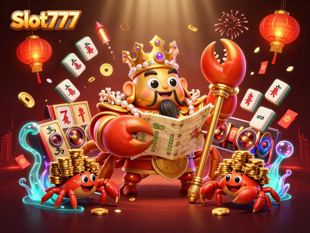 Slot777 menghadirkan ilustrasi 3D bertema kasino dengan karakter kepiting emas dan elemen permainan slot yang menarik.