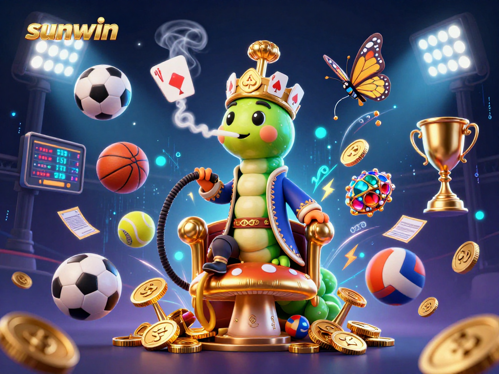 Experience sunwin thrills with a dynamic scene of a caterpillar master amidst sports and casino elements.