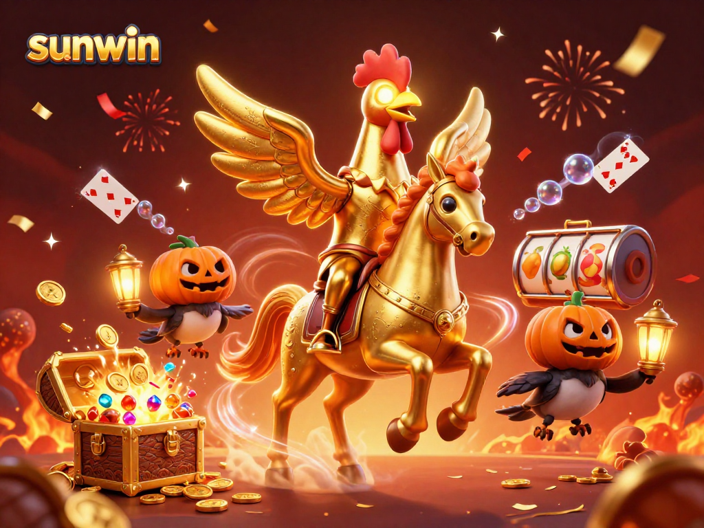 Play thrilling games with sunwin's golden rooster in a vibrant casino scene.