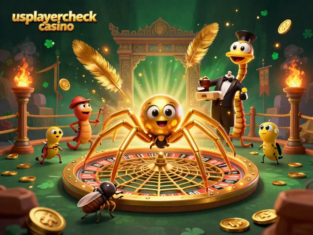 Engage with usplayercheck casino while a spider spins a roulette wheel in a vibrant scene.