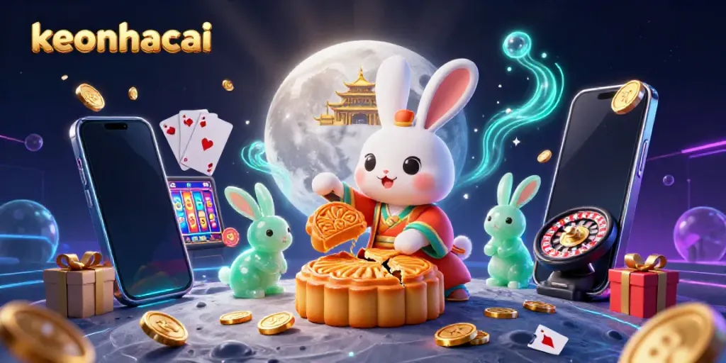 Experience keonhacai's exciting features in a vibrant 3D illustration showcasing playful moon rabbits and lively casino elements.