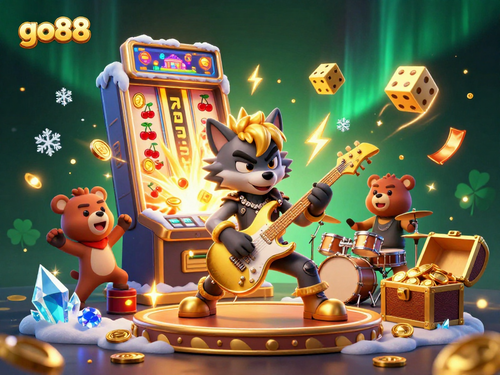 Experience the excitement of go88 with a vibrant 3D casino illustration featuring a rockstar wolf and a drum-playing bear.