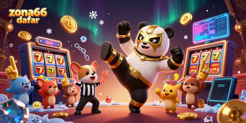 Ilustrasi kasino 3D zona66 daftar dengan panda pegulat dalam aksi, simbol slot, dan koin kripto.