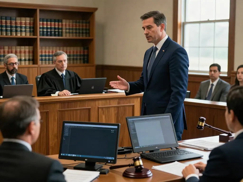 Defense attorney in Forsyth County DUI case passionately presenting evidence in a courtroom.