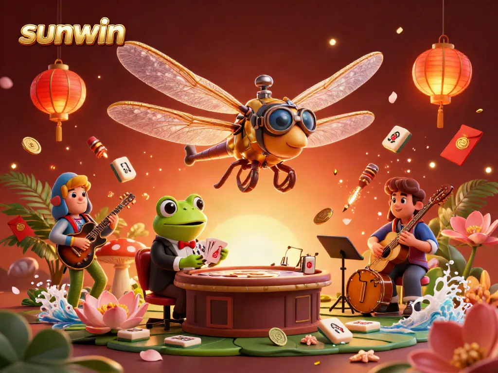 Engage with sunwin's vibrant casino experience featuring a whimsical dragonfly pilot, frog dealer, and jazz-playing crickets.