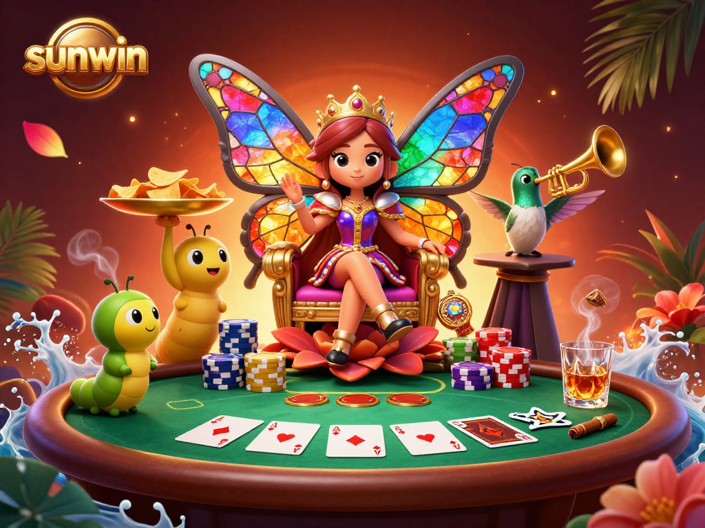 Engage with sunwin’s vibrant casino scene featuring a butterfly queen amidst poker excitement.