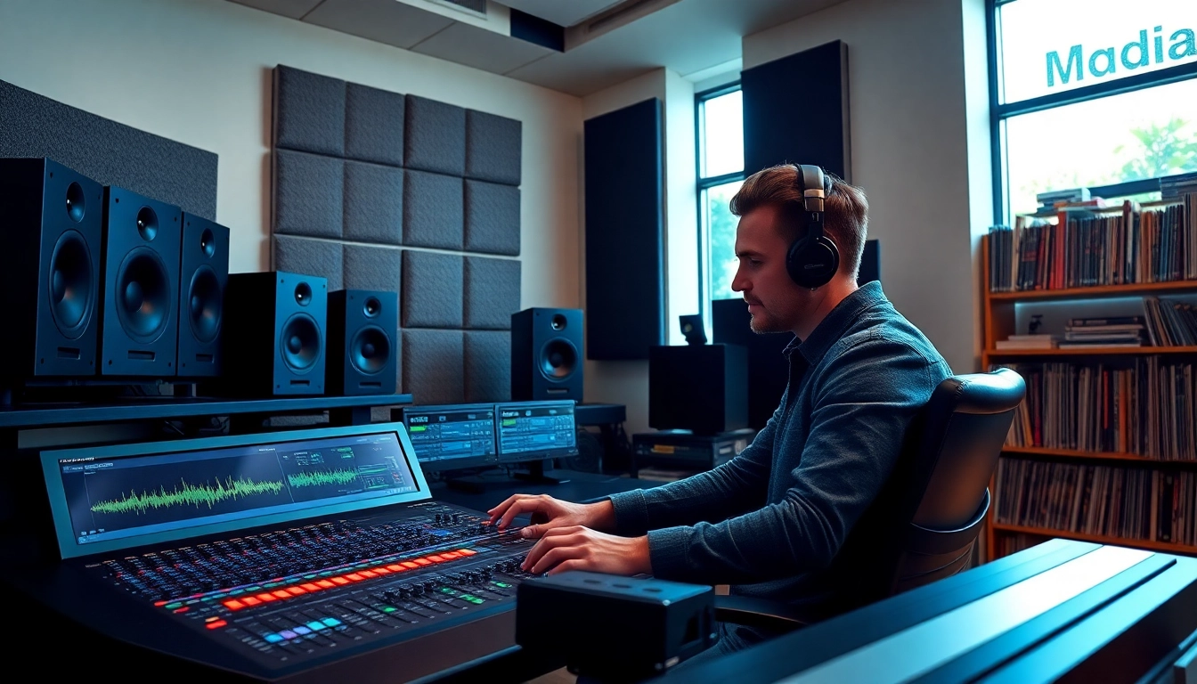 Online mastering session in a high-end studio with an audio engineer and quality equipment.