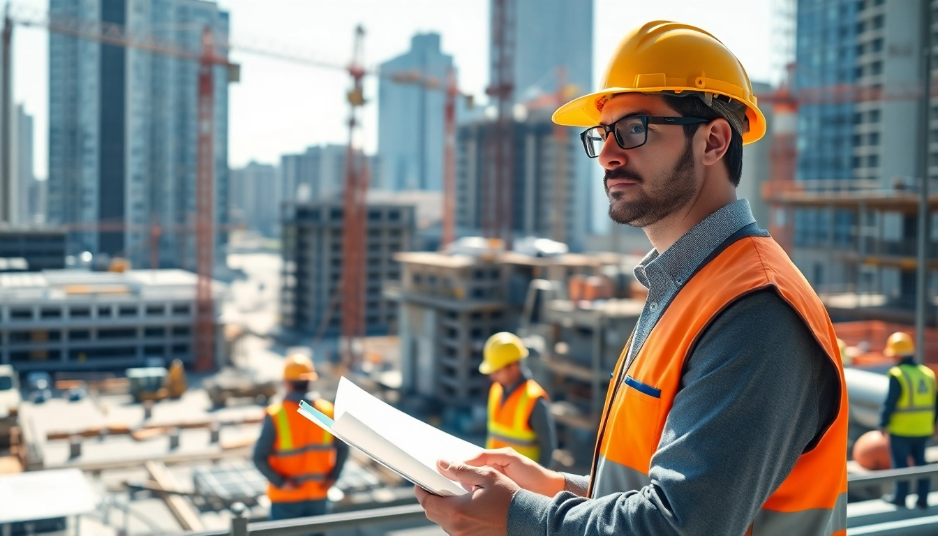 New York Construction Manager collaborating on-site with workers, embodying professionalism and leadership.