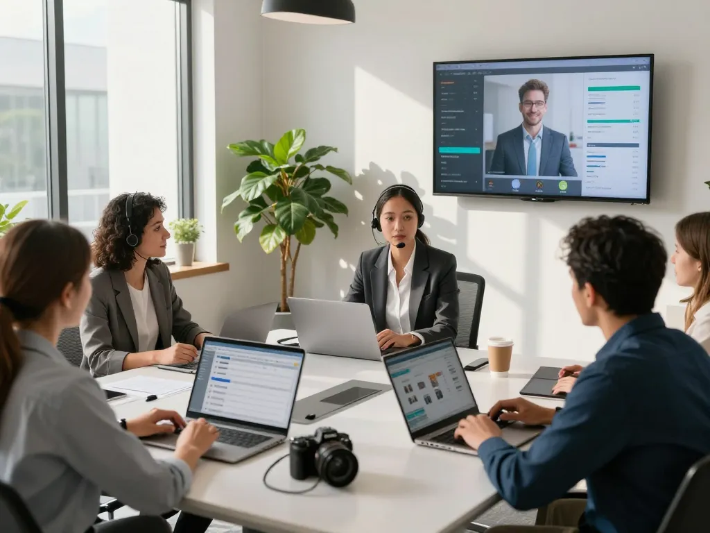 Virtual AI receptionist managing calls in a modern office with analytics on display.