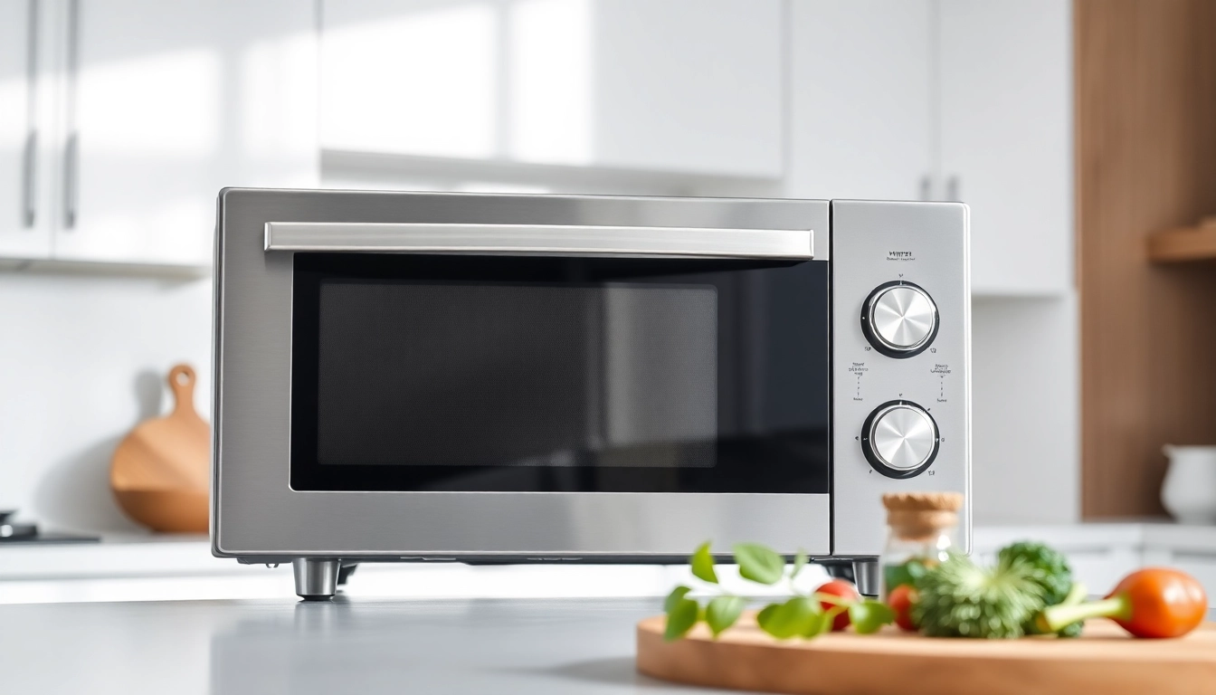 Showcasing microwave oven sales with a modern kitchen setting and sleek stainless steel design.