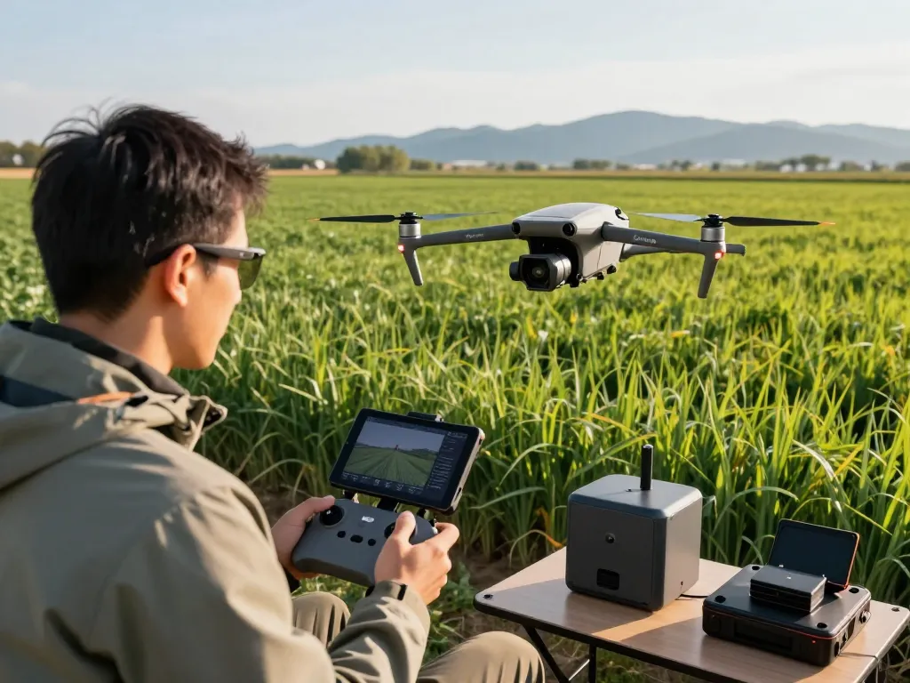 Drone pilot operating the DJI Mavic 3 multispectral over agricultural fields, showcasing precision agriculture in action.