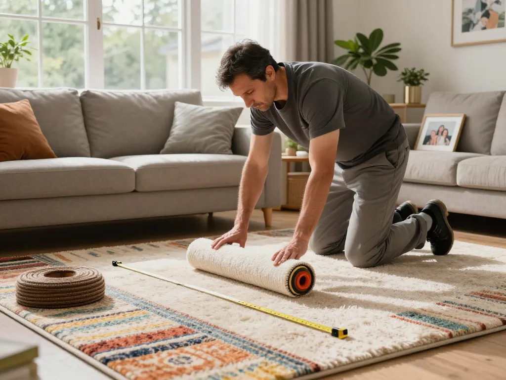 Skilled carpet fitters near me expertly installing soft carpet in a cozy living room.