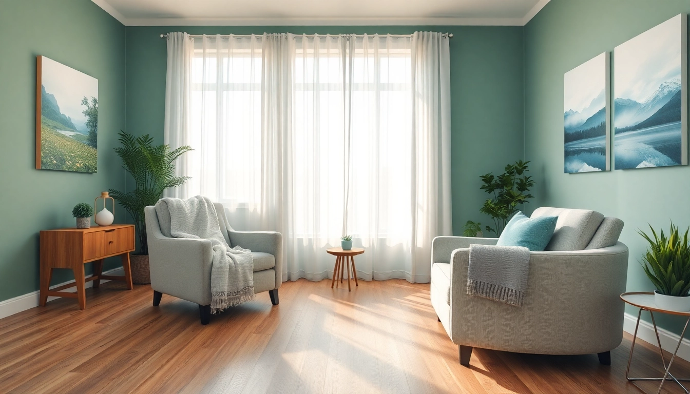 Enhance mental wellness in a cozy therapist's office with calming colors and natural light.