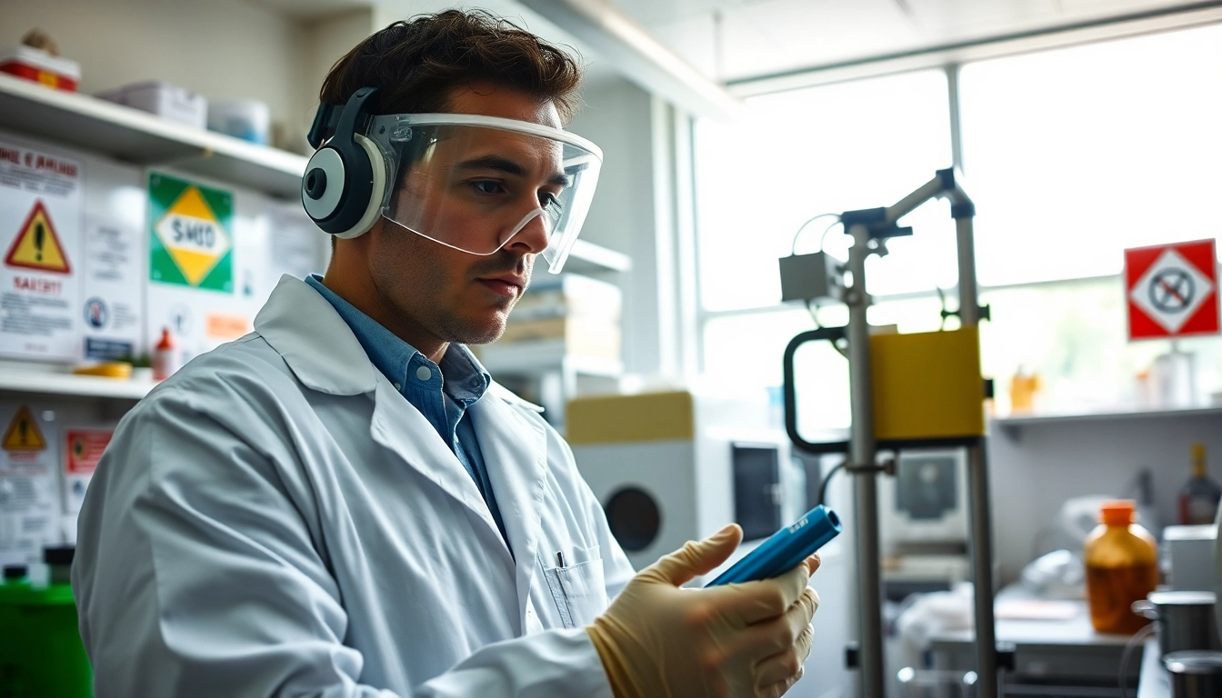 Assessing physical hazard safety measures with proper lab equipment and signage.