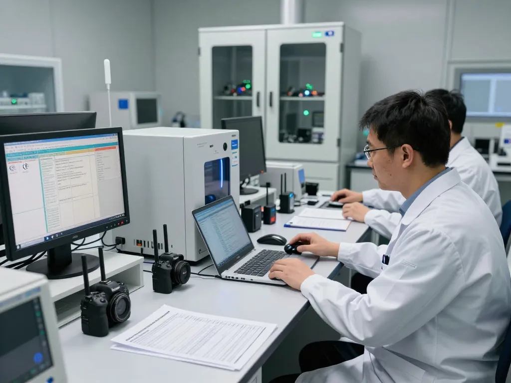 CE certification testing in a high-tech lab with engineers analyzing electronic devices.