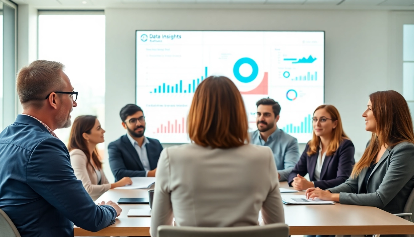Engaged professionals discussing b2b competitive intelligence in a bright conference room setting.