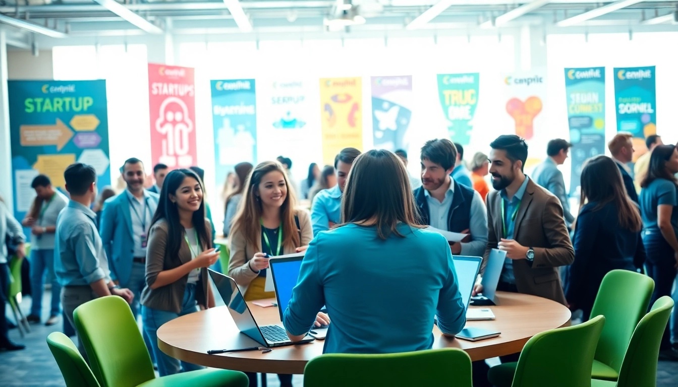 Engaged professionals sharing ideas at a startup innovation conference, showcasing collaboration.