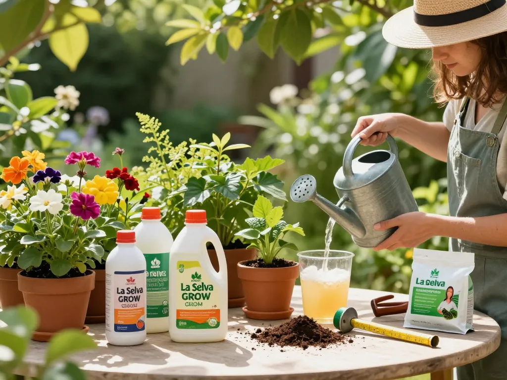 Fertilizantes orgánicos para plantas exhibidos en una vibrante escena de jardín, destacando los beneficios del fertilizante.