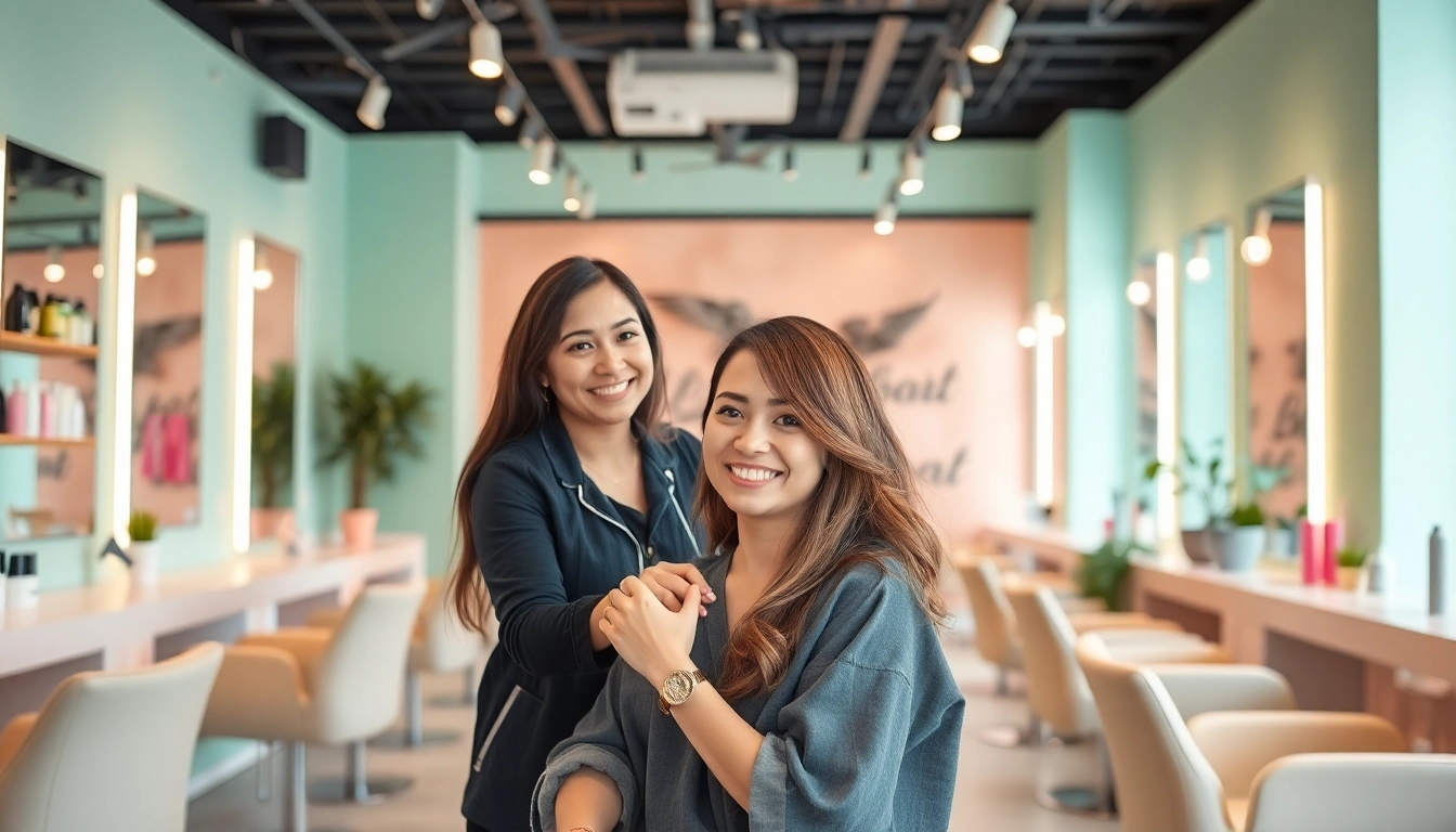 Hair salon near me with friendly stylist and happy client in a vibrant interior.