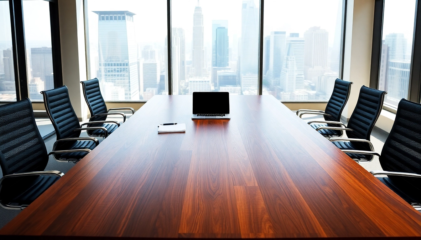Conference table crafted from solid hardwood, showcasing modern design in a professional office setting.